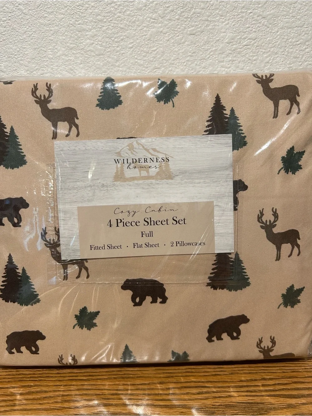 Cozy Cabin Full Sheet Set in Tan with Forest Print